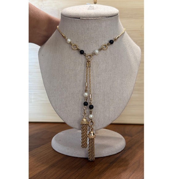 Talbots Gold Tone Black Faux Onyx Pearl Tassel Y Long Statement Necklace Minimal - Picture 1 of 7